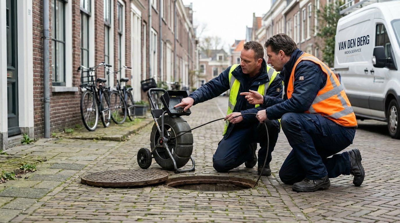 Twee monteurs in veiligheidskleding die een e-steps inspecteren op een Europese straat met bakstenen gebouwen en geparkeerde fietsen
